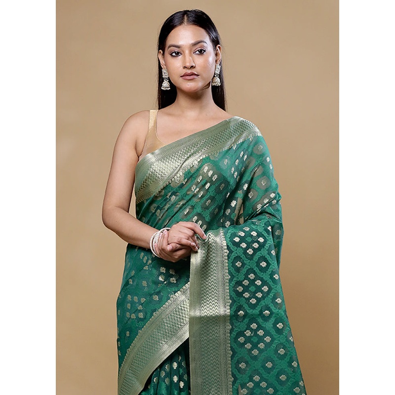 Green Cotton Saree With Blouse Piece - JD986605759