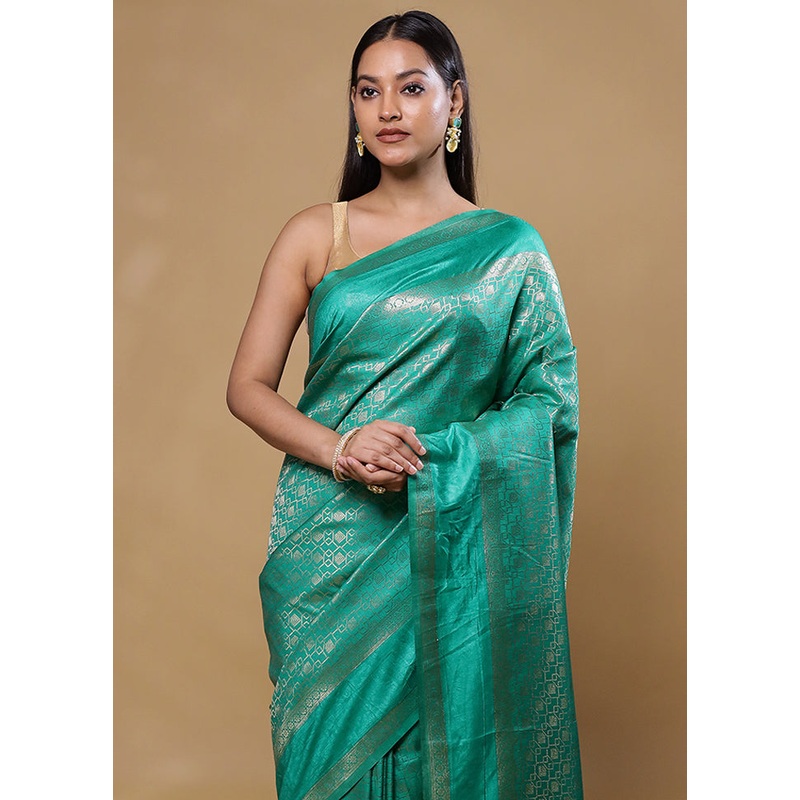 Green Dupion Silk Saree With Blouse Piece - JD986605787