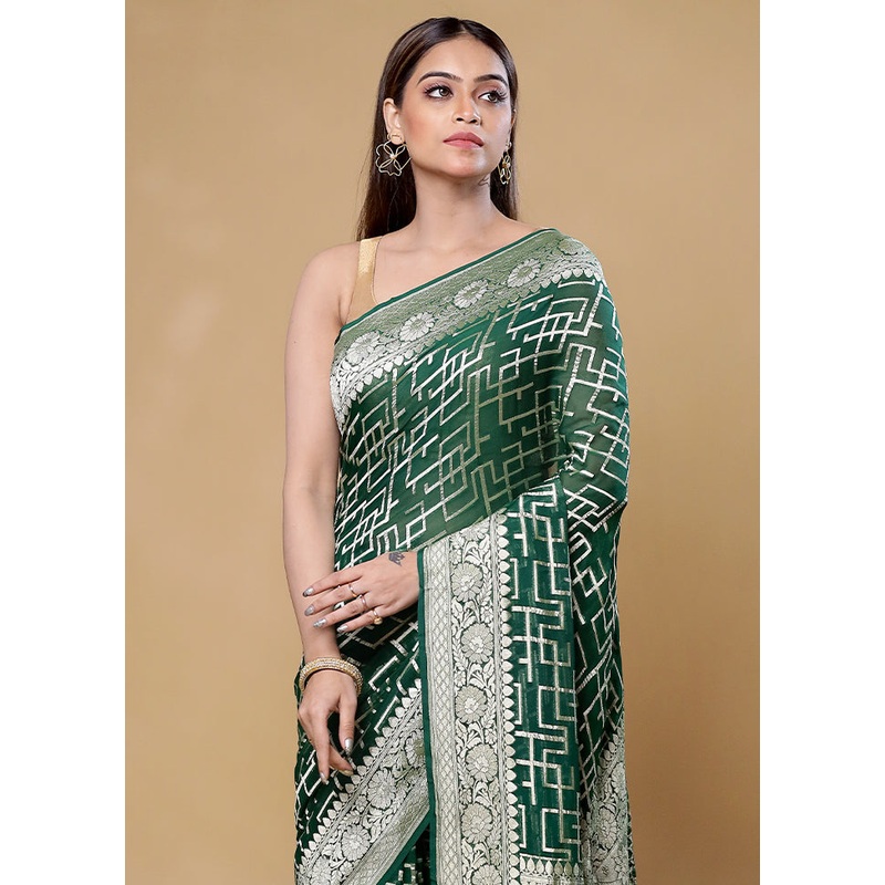 Green Handloom Pure Georgette Saree With Blouse Piece - JD986605875
