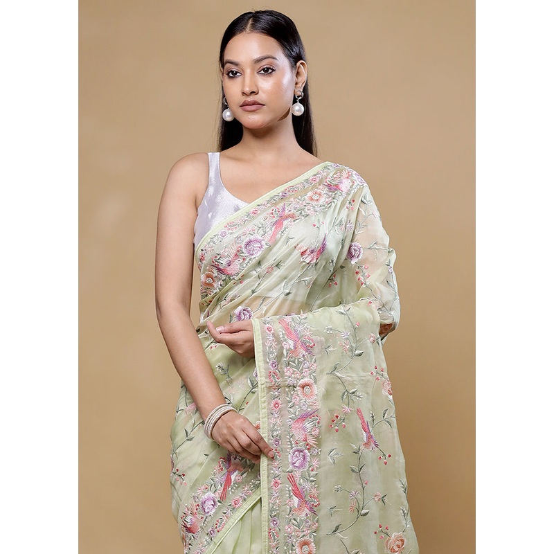 Green Handloom Pure Organza Saree With Blouse Piece - JD986605758