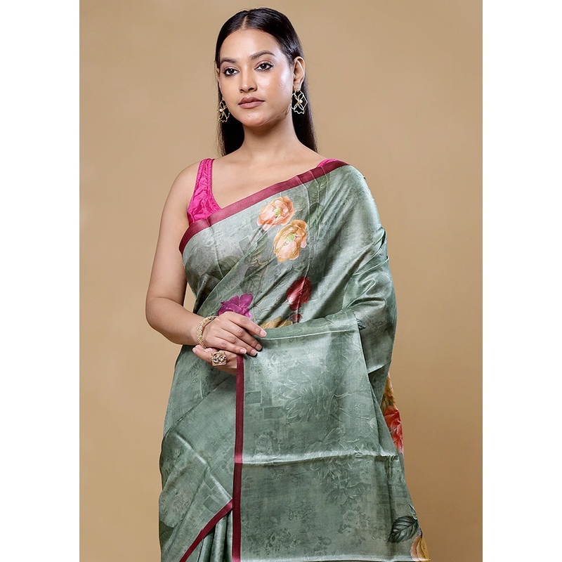 Green Handloom Tussar Pure Silk Saree With Blouse Piece - JD986605756