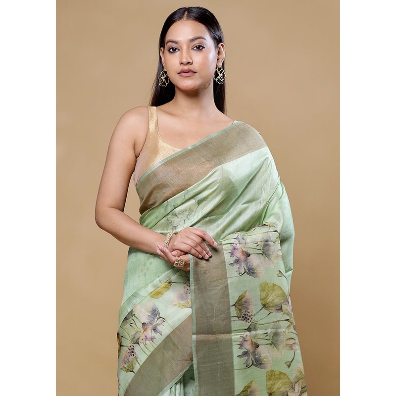 Green Handloom Tussar Pure Silk Saree With Blouse Piece - JD986605757