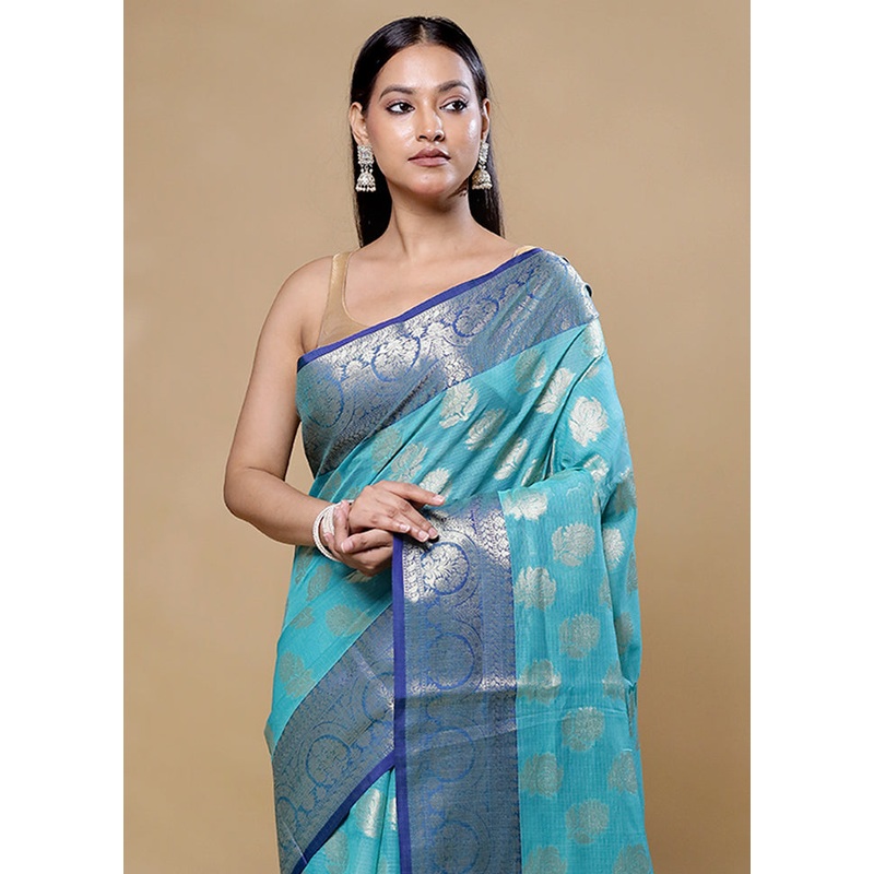 Green Kota Cotton Saree With Blouse Piece - JD986605753
