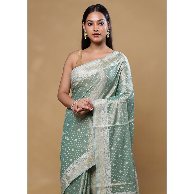 Green Tissue Silk Saree With Blouse Piece - JD986605783