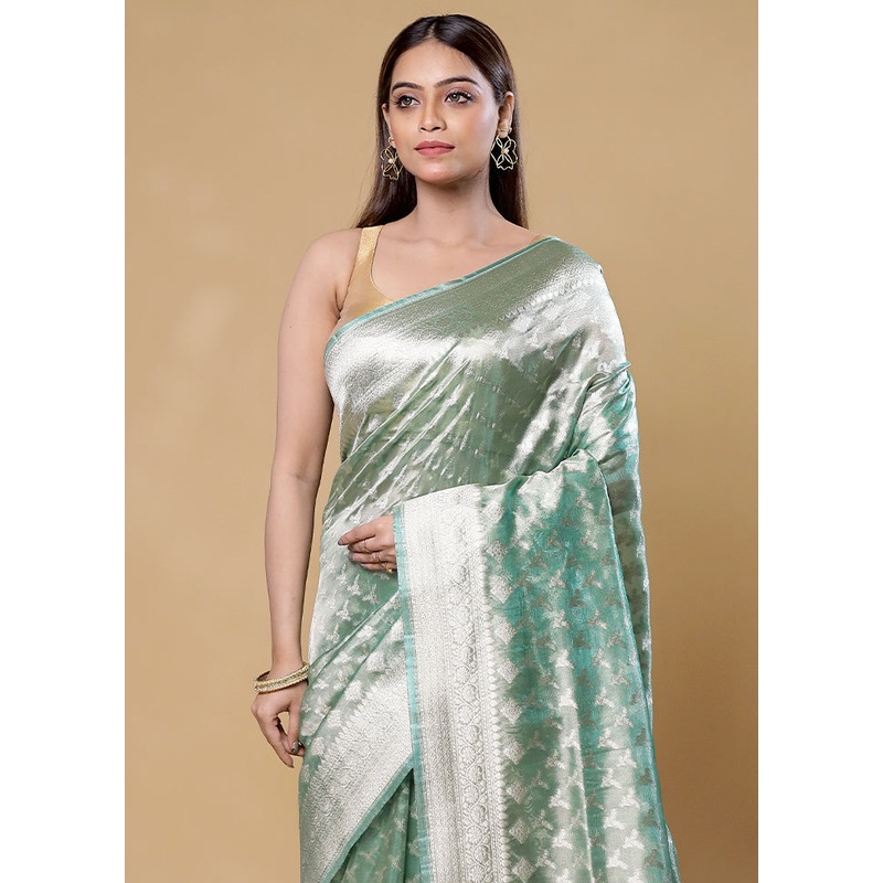 Green Tissue Silk Saree With Blouse Piece - JD986605871