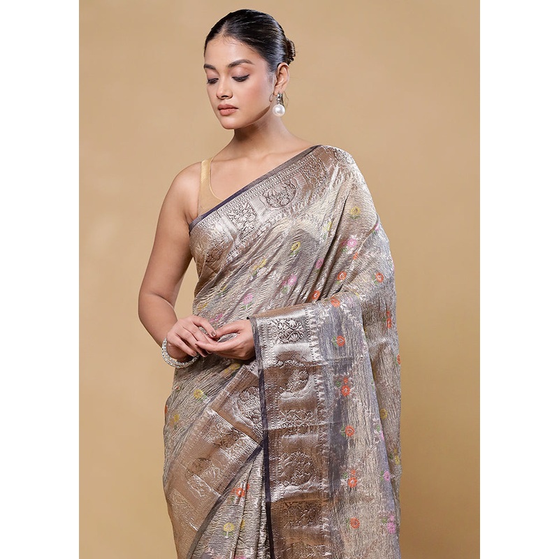 Grey Crushed Tissue Silk Saree With Blouse Piece - JD986605822