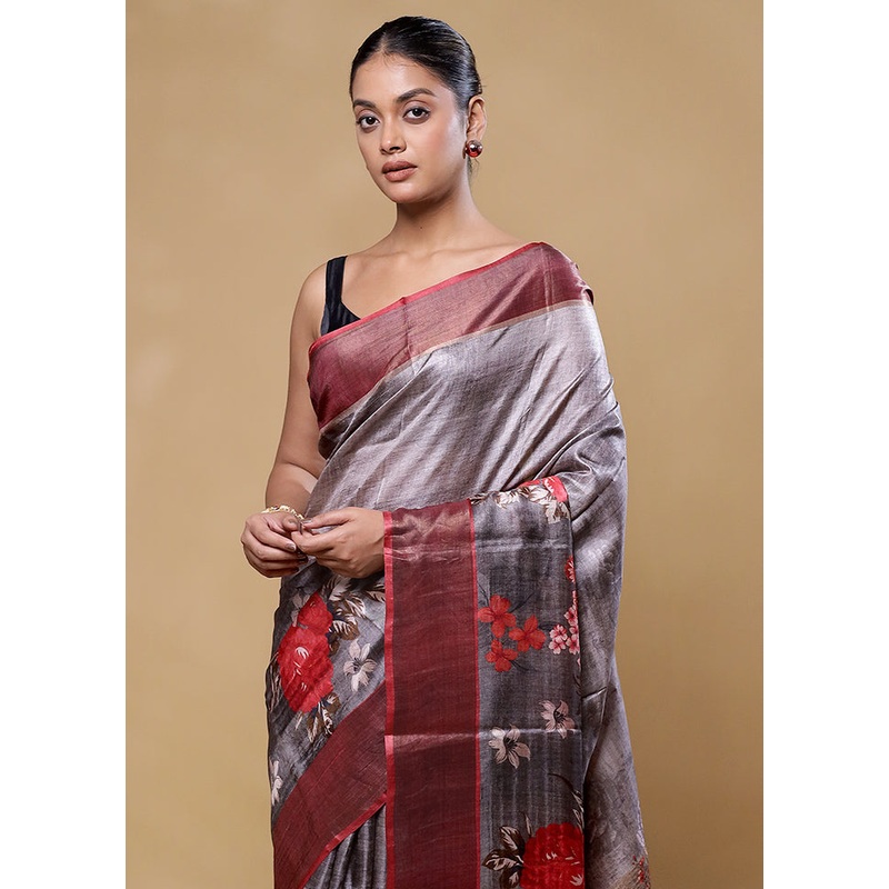 Grey Handloom Tussar Pure Silk Saree With Blouse Piece - JD986605821