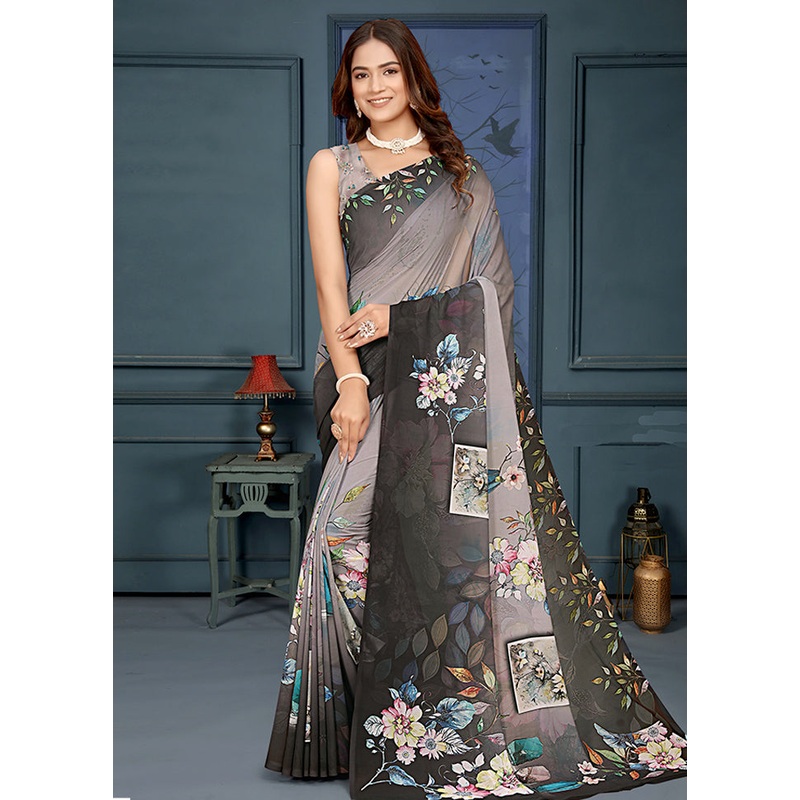 Grey Spun Silk Saree With Blouse Piece - JD986605707
