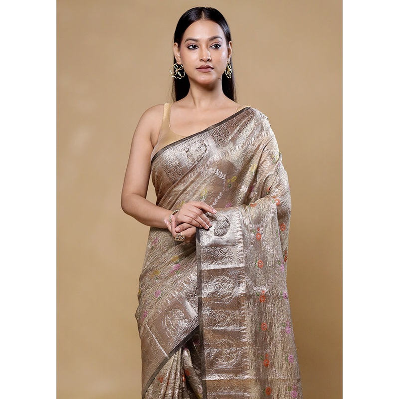 Grey Tissue Silk Saree With Blouse Piece - JD986605751