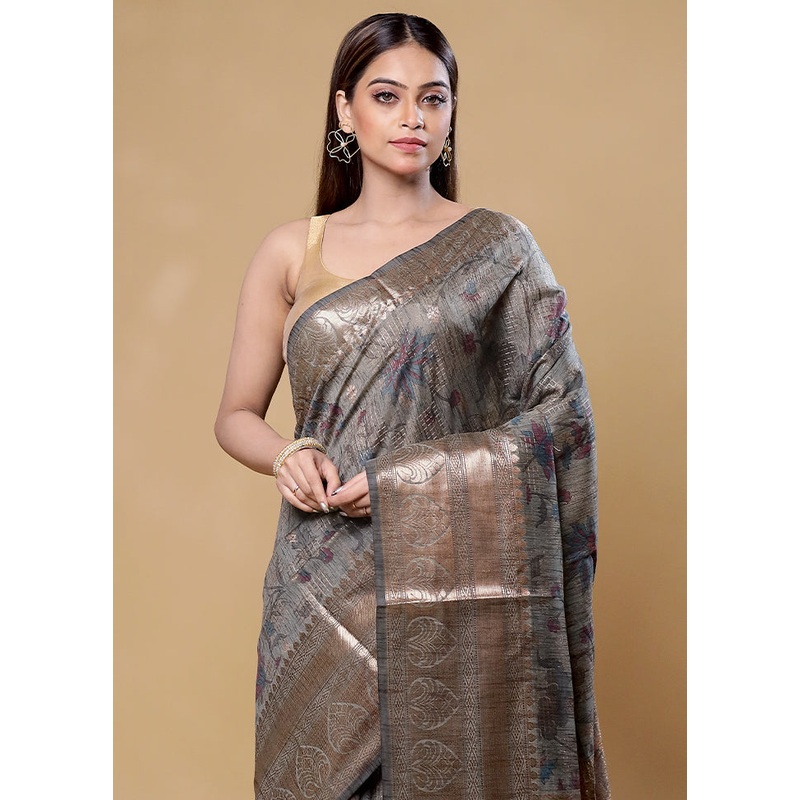 Grey Tussar Silk Saree With Blouse Piece - JD986605869
