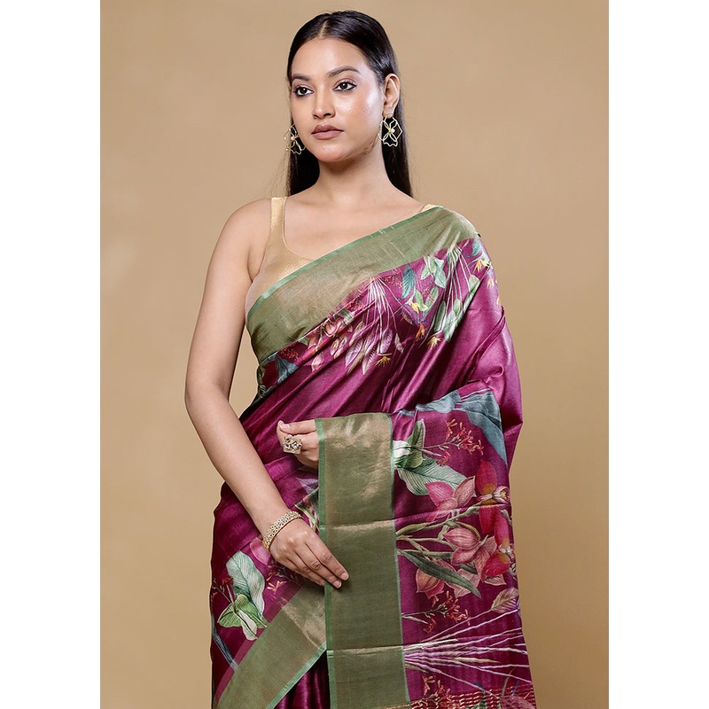 Maroon Handloom Tussar Pure Silk Saree With Blouse Piece - JD986605750