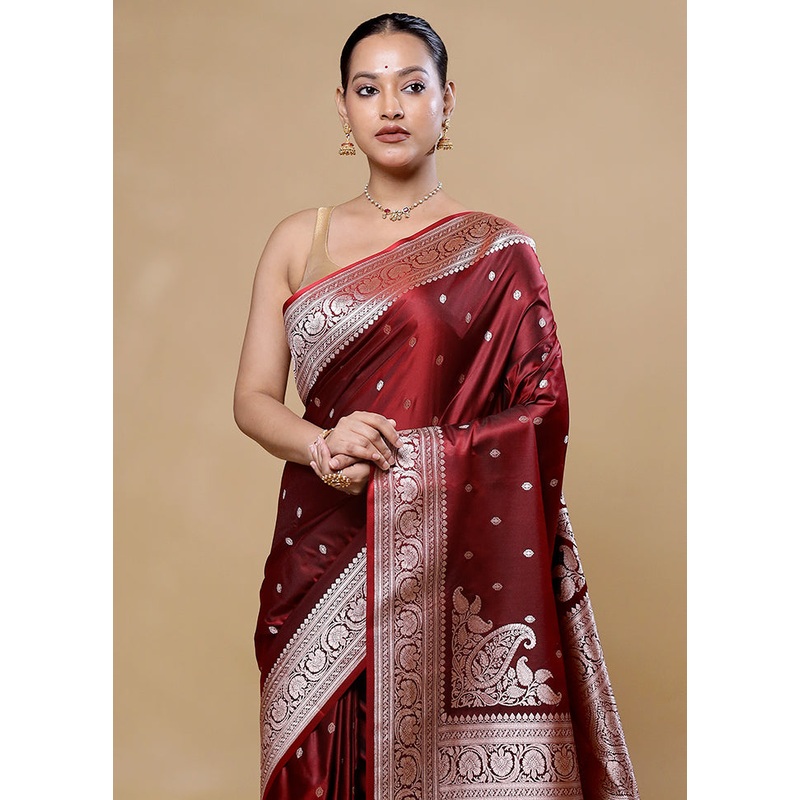 Maroon Katan Silk Saree With Blouse Piece - JD986605748