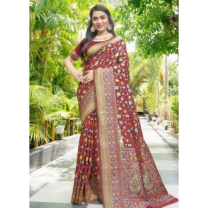 Maroon Pasmina Silk Saree With Blouse Piece - JD986605706