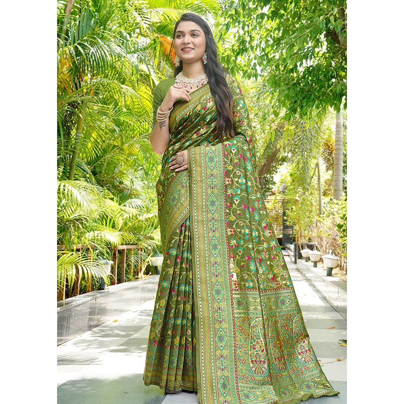 Mehendi Green Pasmina Silk Saree With Blouse Piece - JD986605705