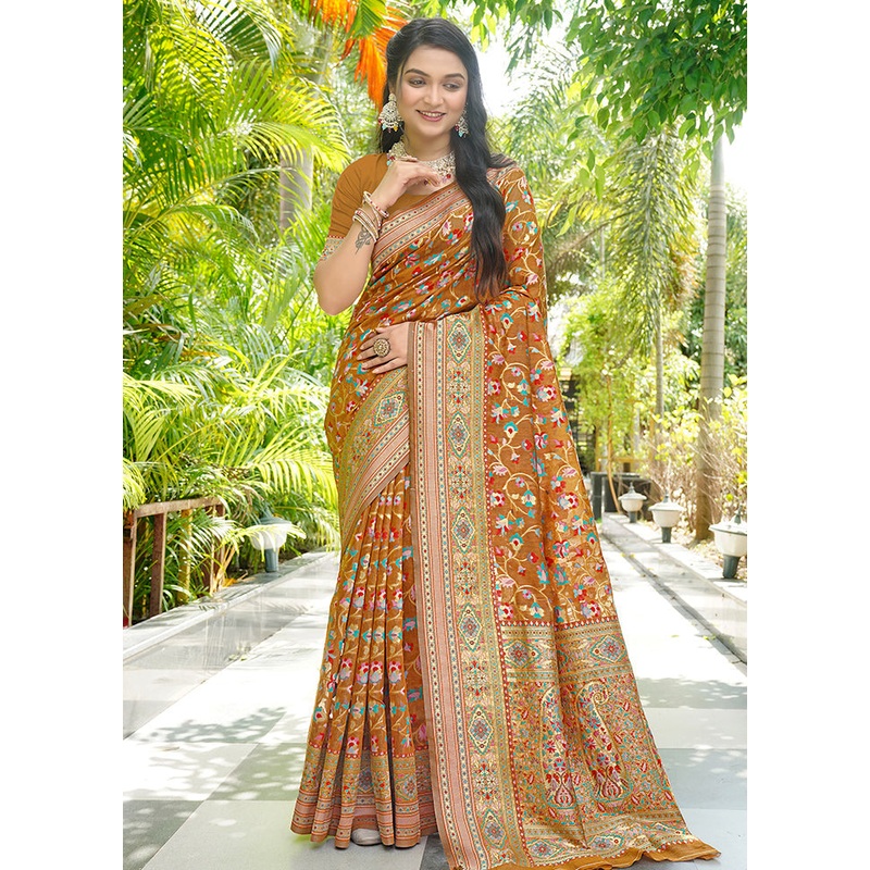 Mustard Pasmina Silk Saree With Blouse Piece - JD986605703