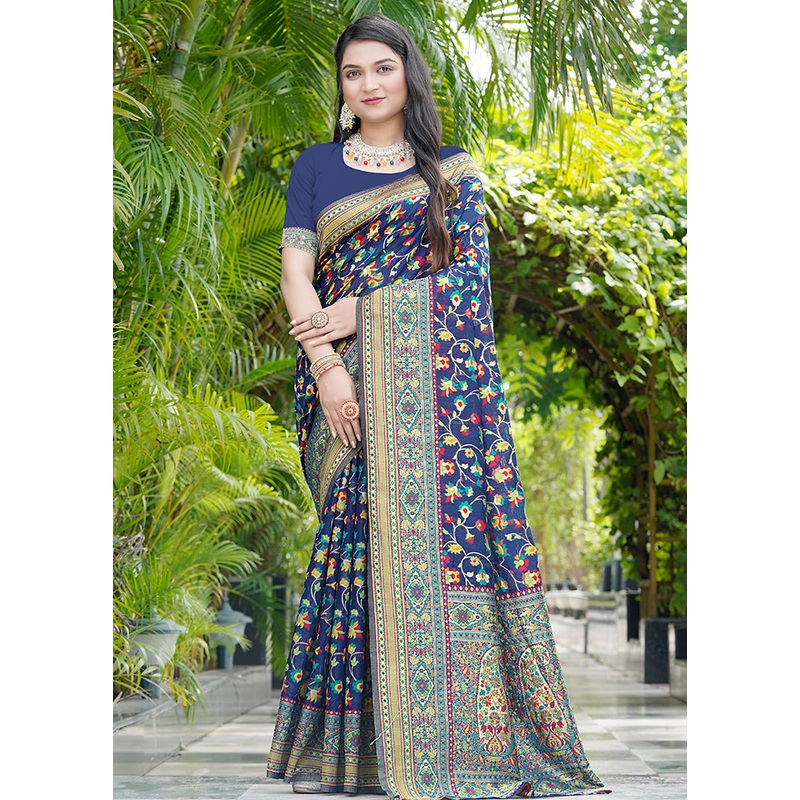 Navy Blue Pasmina Silk Saree With Blouse Piece - JD986605702