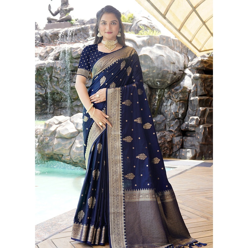 Navy Blue Satin Silk Saree With Blouse Piece - JD986605701