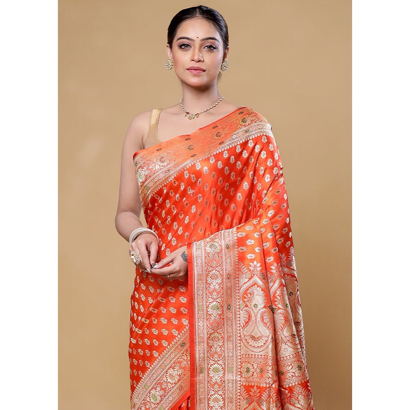 Orange Handloom Banarasi Pure Silk Saree With Blouse Piece - JD986605867
