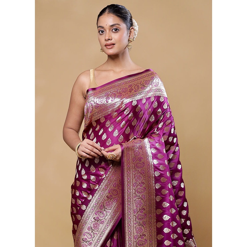 Pink Banarasi Silk Saree With Blouse Piece - JD986605816