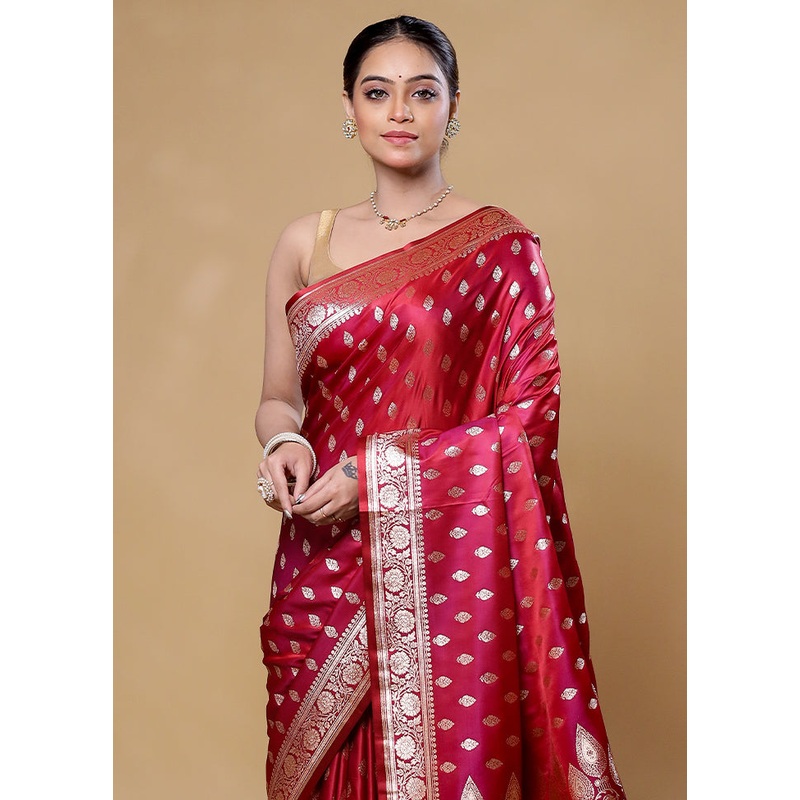 Pink Banarasi Silk Saree With Blouse Piece - JD986605866