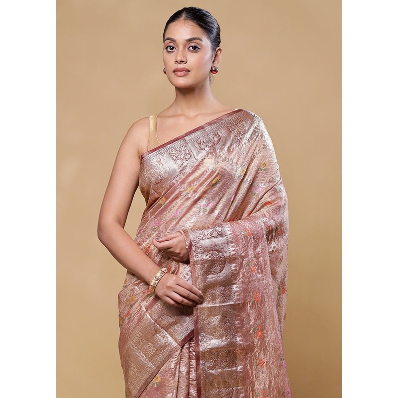 Pink Crushed Tissue Silk Saree With Blouse Piece - JD986605815
