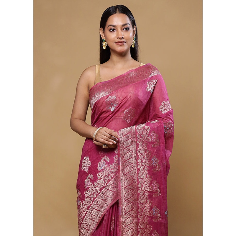 Pink Dupion Silk Saree With Blouse Piece - JD986605779