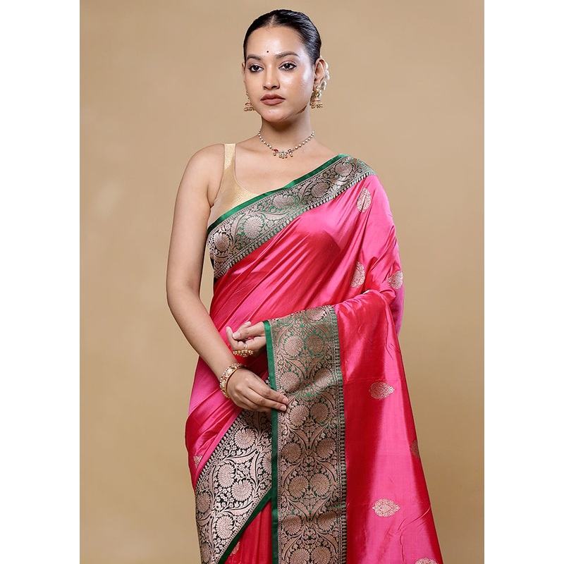 Pink Handloom Katan Pure Silk Saree With Blouse Piece - JD986605745