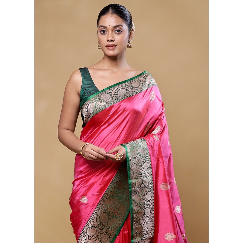 Pink Handloom Katan Pure Silk Saree With Blouse Piece - JD986605810