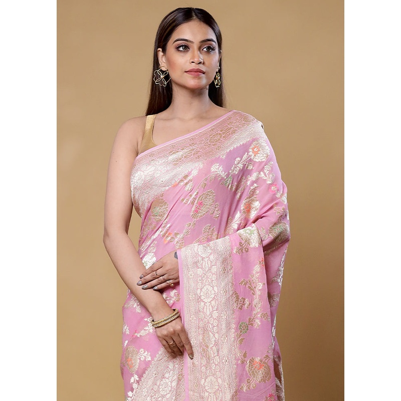 Pink Handloom Pure Georgette Saree With Blouse Piece - JD986605865