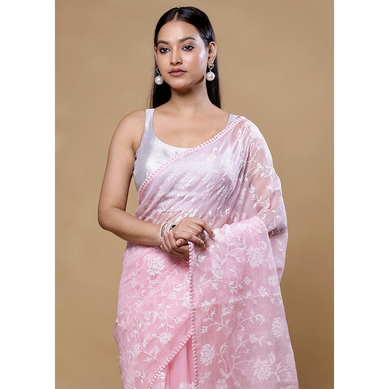 Pink Handloom Pure Organza Saree With Blouse Piece - JD986605743
