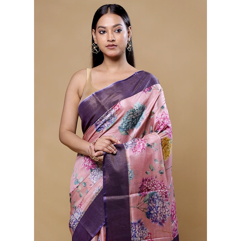 Pink Handloom Tussar Pure Silk Saree With Blouse Piece - JD986605741