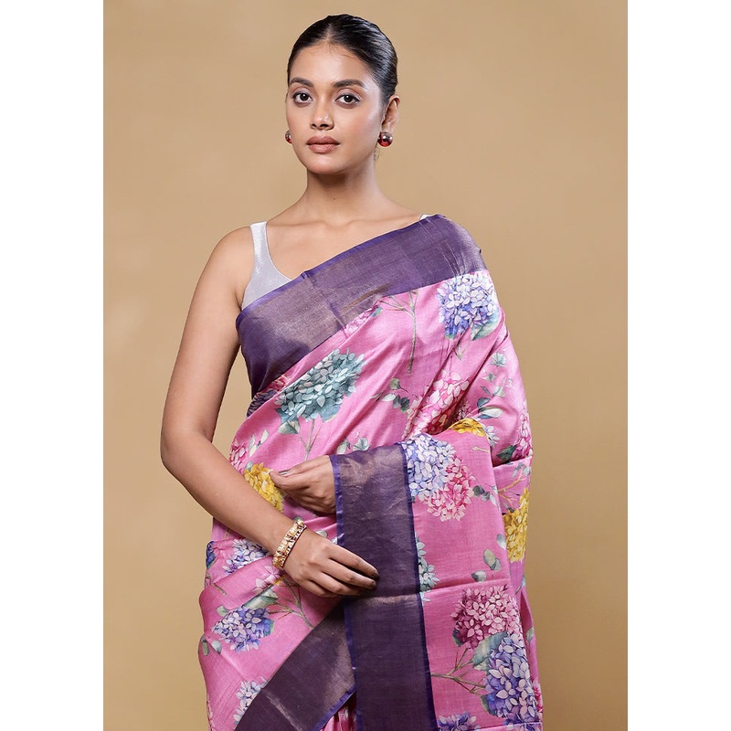 Pink Handloom Tussar Pure Silk Saree With Blouse Piece - JD986605804