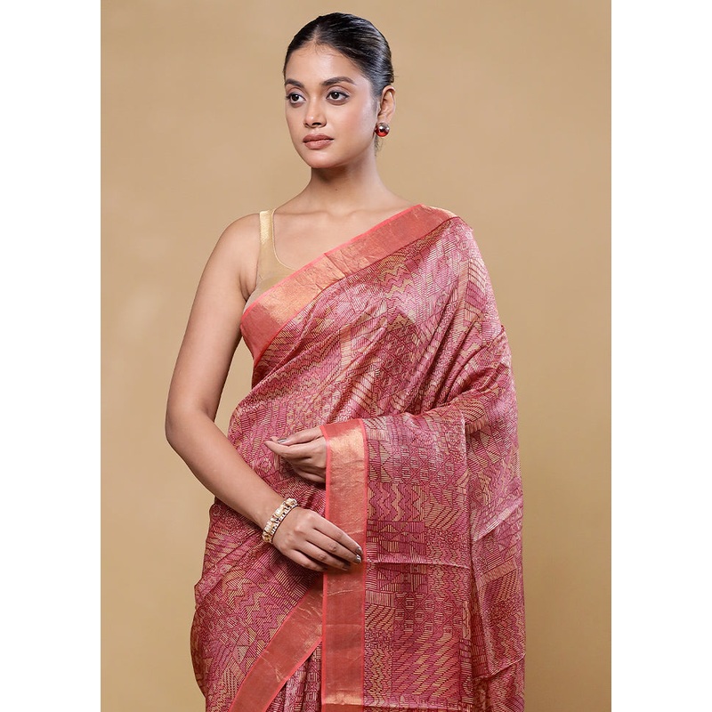 Pink Handloom Tussar Pure Silk Saree With Blouse Piece - JD986605805