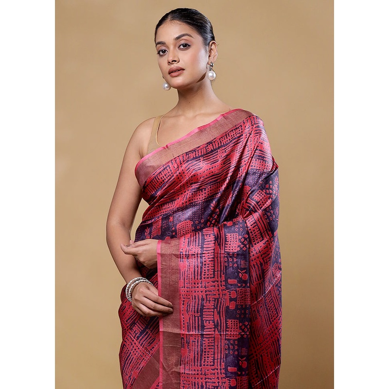 Pink Handloom Tussar Pure Silk Saree With Blouse Piece - JD986605806
