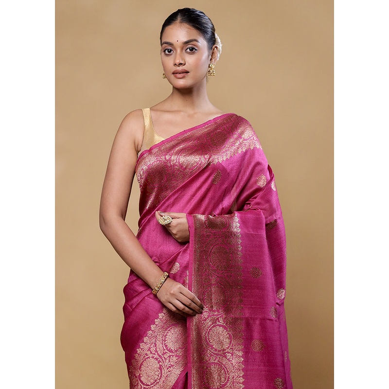Pink Handloom Tussar Pure Silk Saree With Blouse Piece - JD986605807