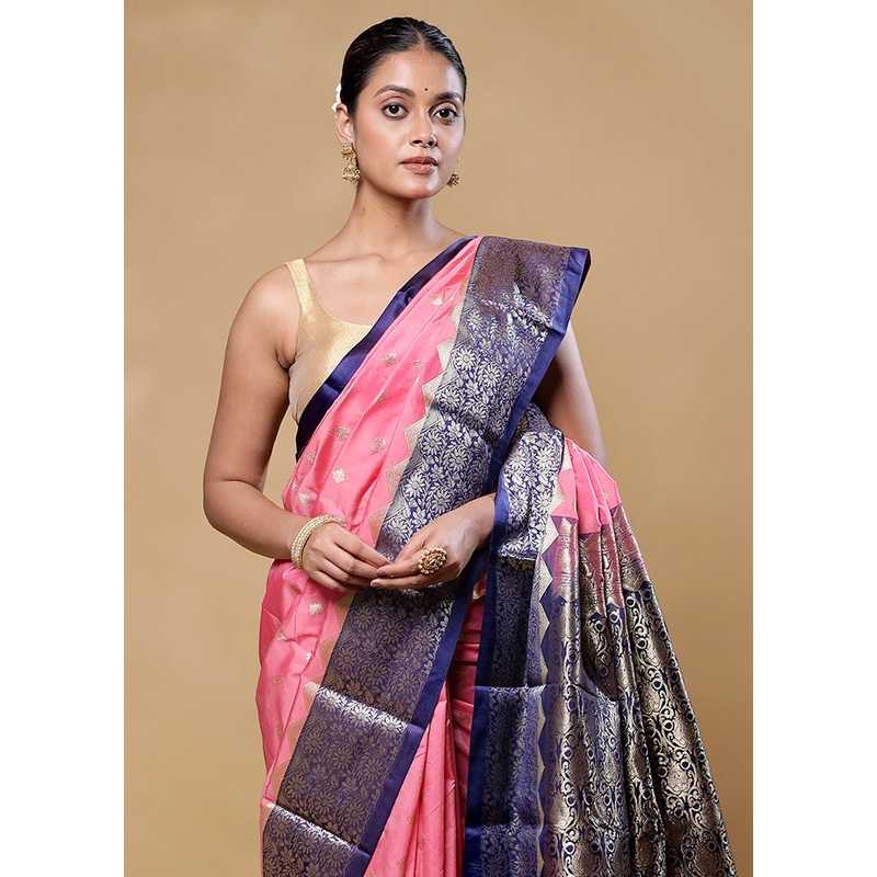 Pink Kanjivaram Silk Saree With Blouse Piece - JD986605803