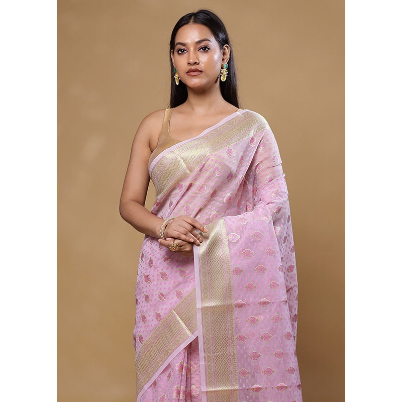 Pink Kora Silk Saree With Blouse Piece - JD986605777