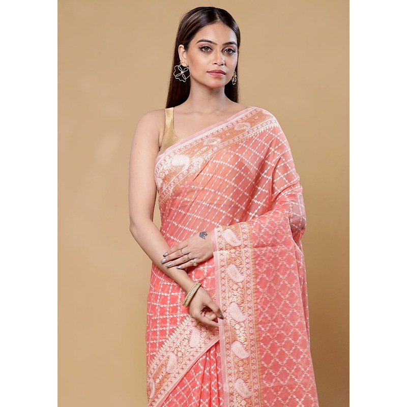 Pink Kora Silk Saree With Blouse Piece - JD986605863