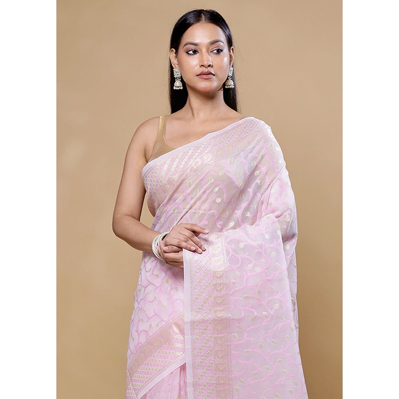 Pink Organza Saree With Blouse Piece - JD986605740
