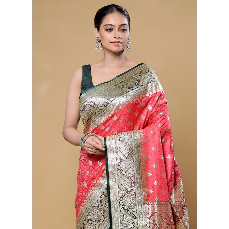 Pink Tanchoi Silk Saree With Blouse Piece - JD986605862