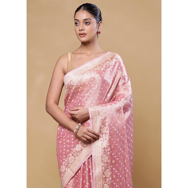 Pink Tissue Silk Saree With Blouse Piece - JD986605799