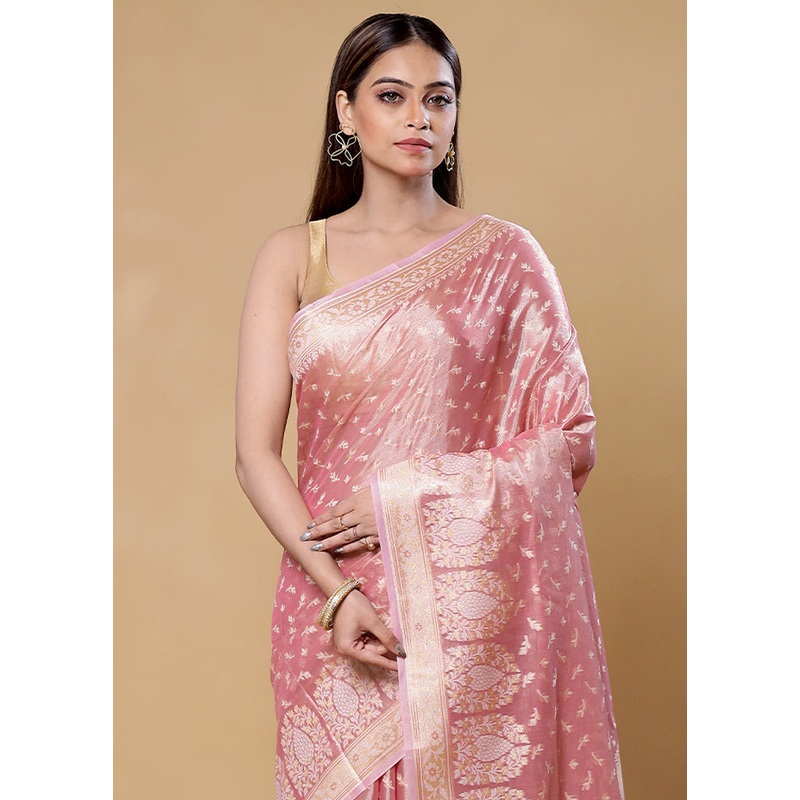 Pink Tissue Silk Saree With Blouse Piece - JD986605859