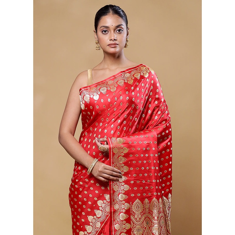 Red Handloom Banarasi Pure Silk Saree With Blouse Piece - JD986605811