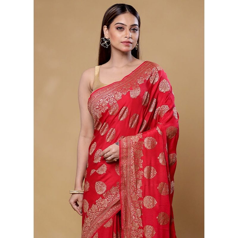 Red Handloom Pure Georgette Saree With Blouse Piece - JD986605857