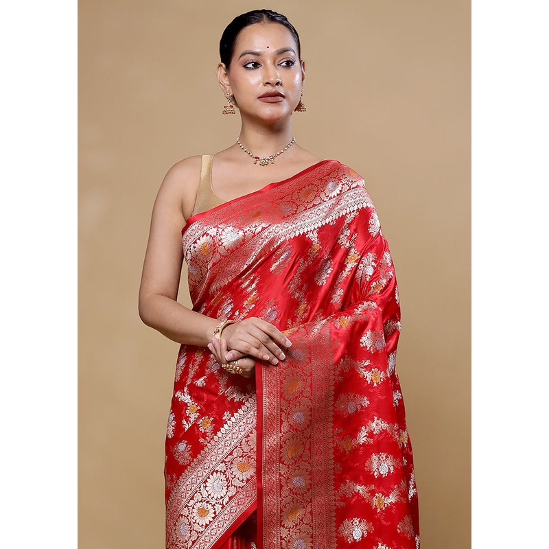 Red Handloom Uppada Pure Silk Saree With Blouse Piece - JD986605735