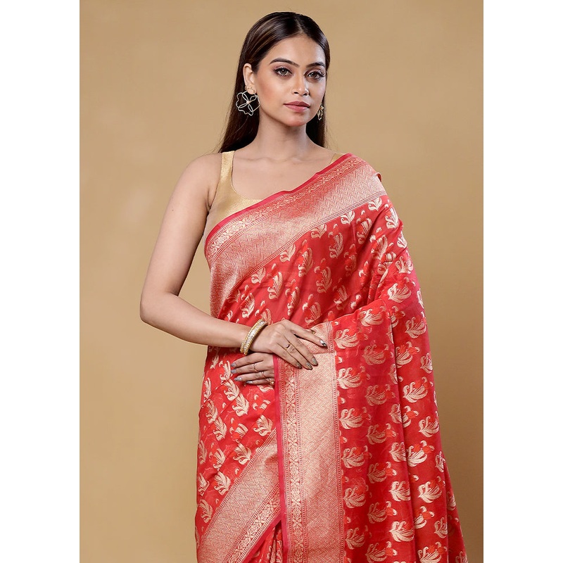 Red Kora Silk Saree With Blouse Piece - JD986605856