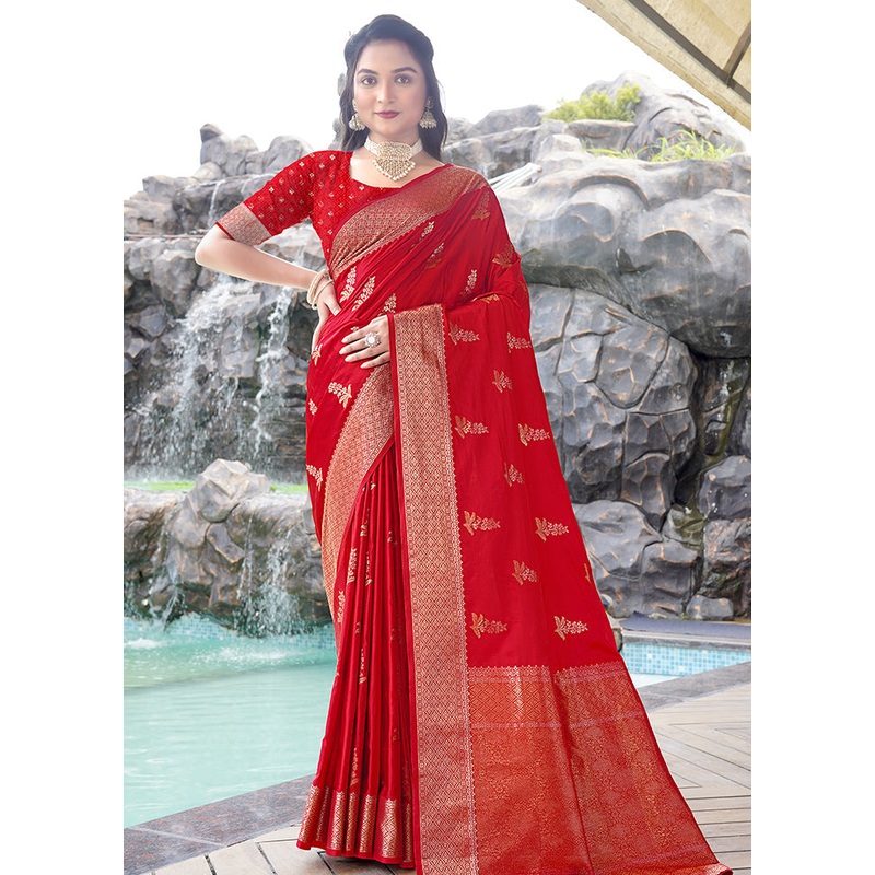 Red Satin Silk Saree With Blouse Piece - JD986605693