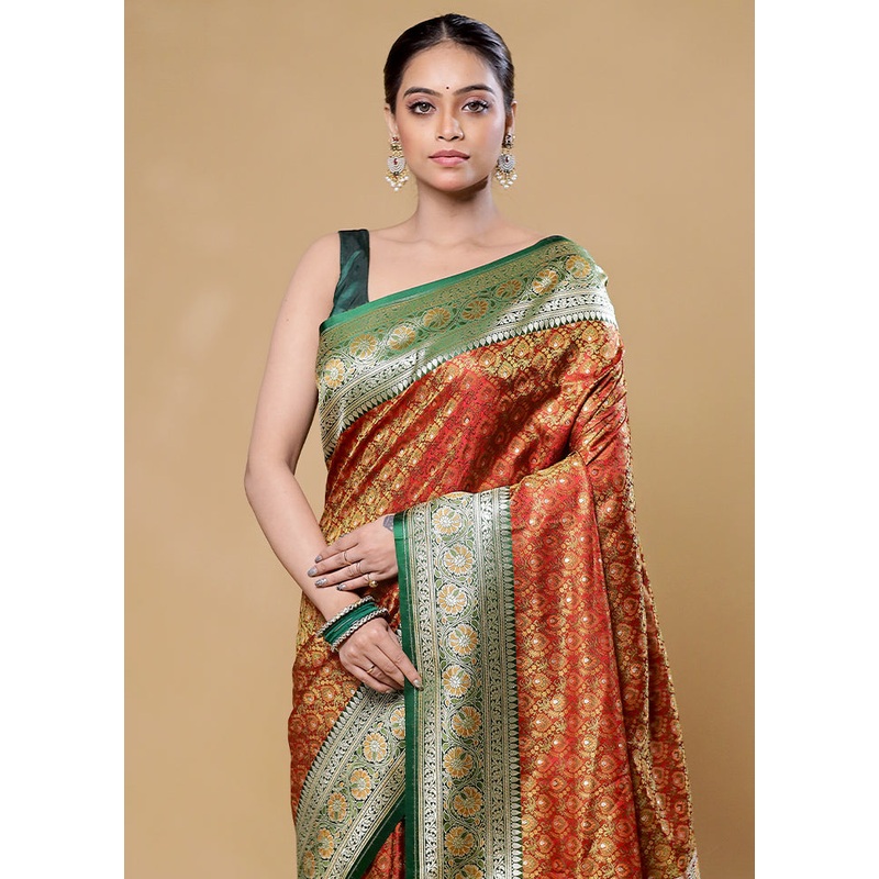 Rust Tanchoi Silk Saree With Blouse Piece - JD986605855