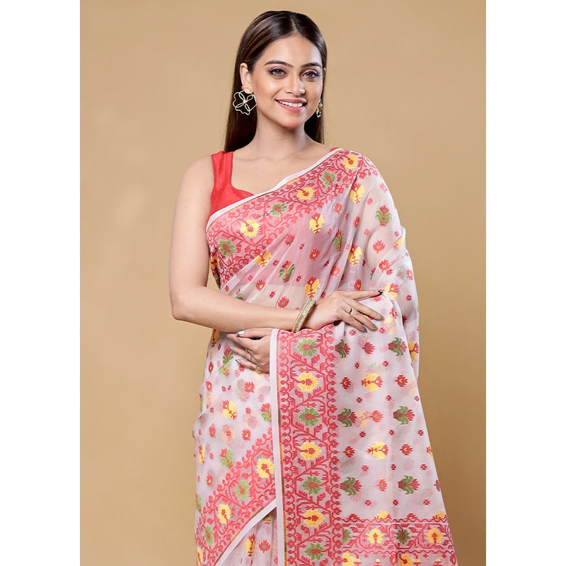 White Kora Silk Saree With Blouse Piece - JD986605854