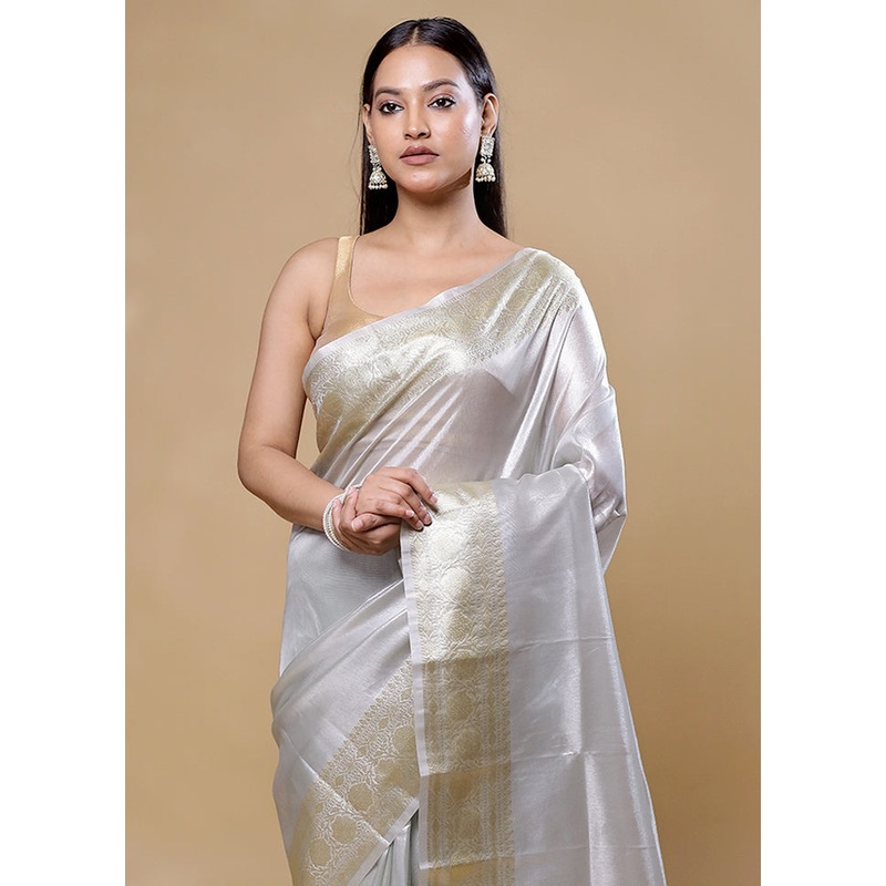 White Tissue Silk Saree With Blouse Piece - JD986605734